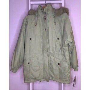 Bernardo Jacket Womens Large Green Parka Zipper Flap Pockets Hooded Lined New